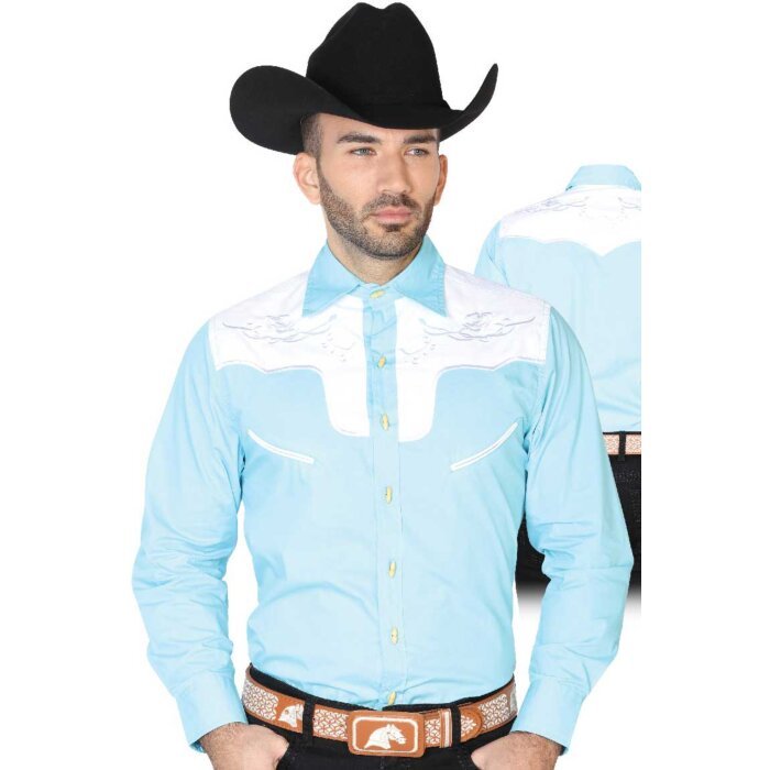 CAMISA CHARRA ANTE/BORDADA EL GENERAL 2019-131 COLOR AZUL CLARO