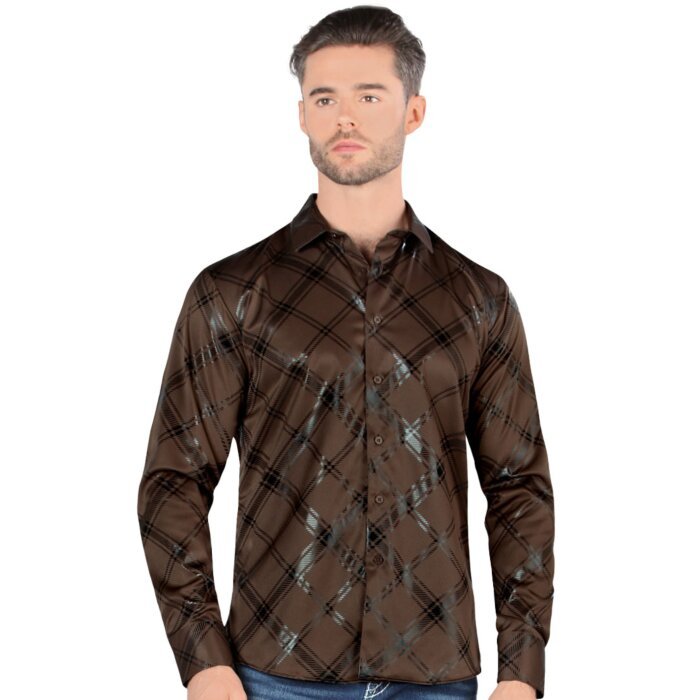 Montero 0811 men's brown long sleeve shirt with plaid pattern