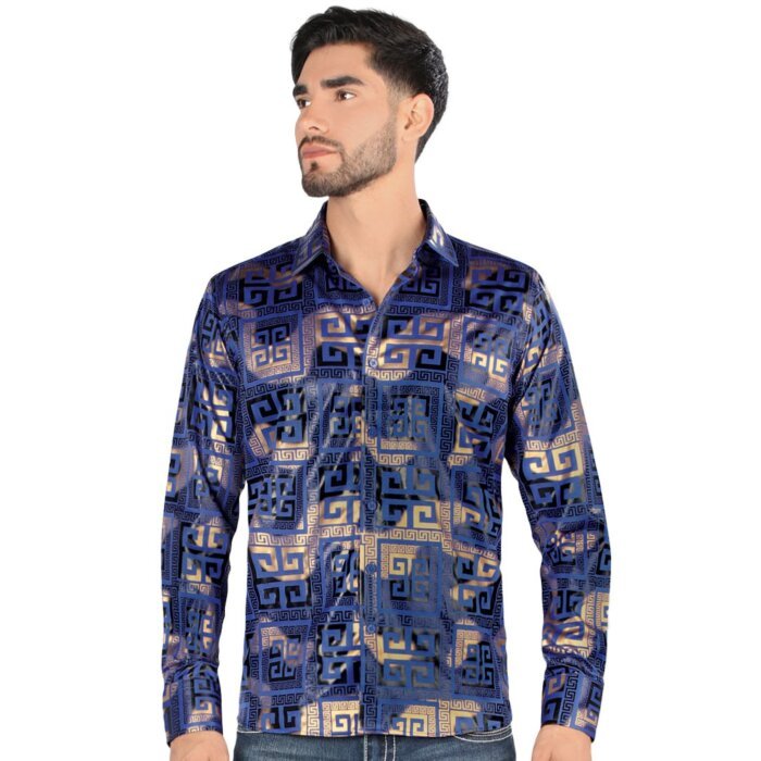 Montero 0799 camisa azul rey de manga larga para hombre con patrón geométrico en azul y dorado