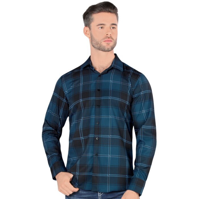 Camisa vaquera para hombre Montero 0814 de manga larga, diseño de cuadros en verde azulado y negro.