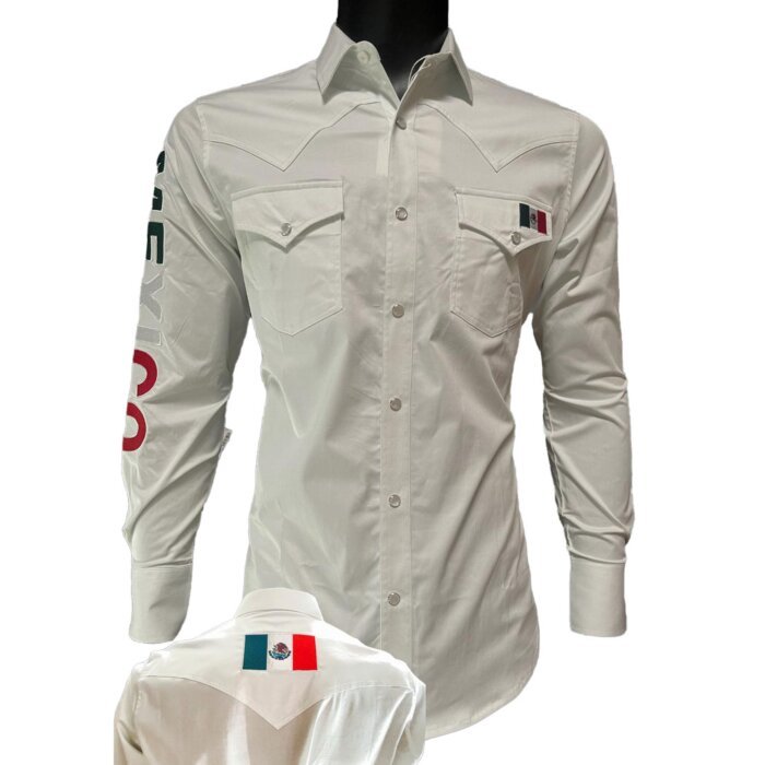 White Western Shirt with Mexican Flag Detail, Long Sleeve, Montero 0459
