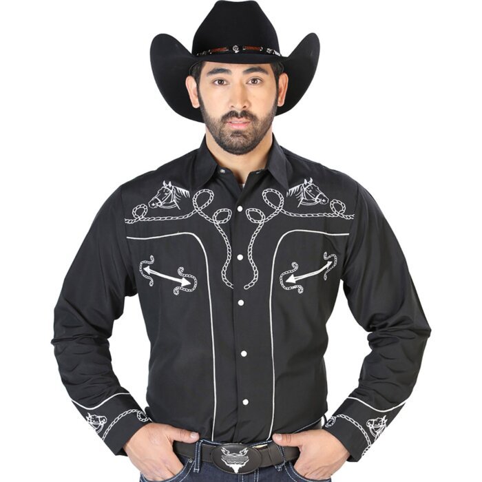 Camisa Negra Bordada Con Diseño De Soga Y Cabeza De Caballo 126714