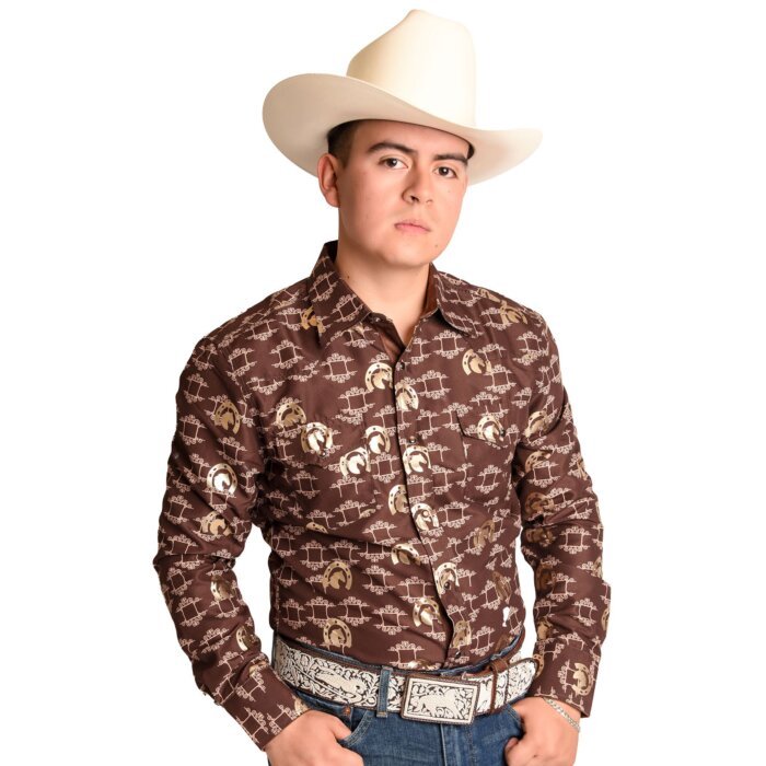 Camisa Vaquera Café Con Estampado De Herraduras y Caballos WD 11-892