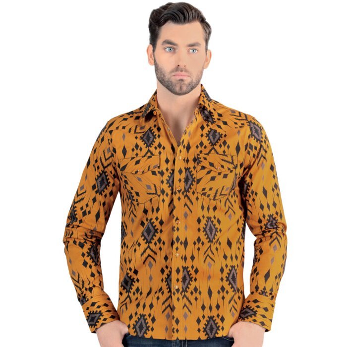 Front view of Men's Camel Long Sleeve Shirt with Tribal Pattern Lamasini 0105.