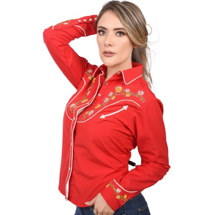Blusa Vaquera Roja Bordada Flores WD 11-537