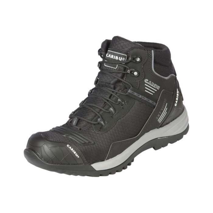 Men's black work shoes by Caribu, featuring a textile/synthetic upper, durable rubber/phylon outsole, and modern design, model 44363.