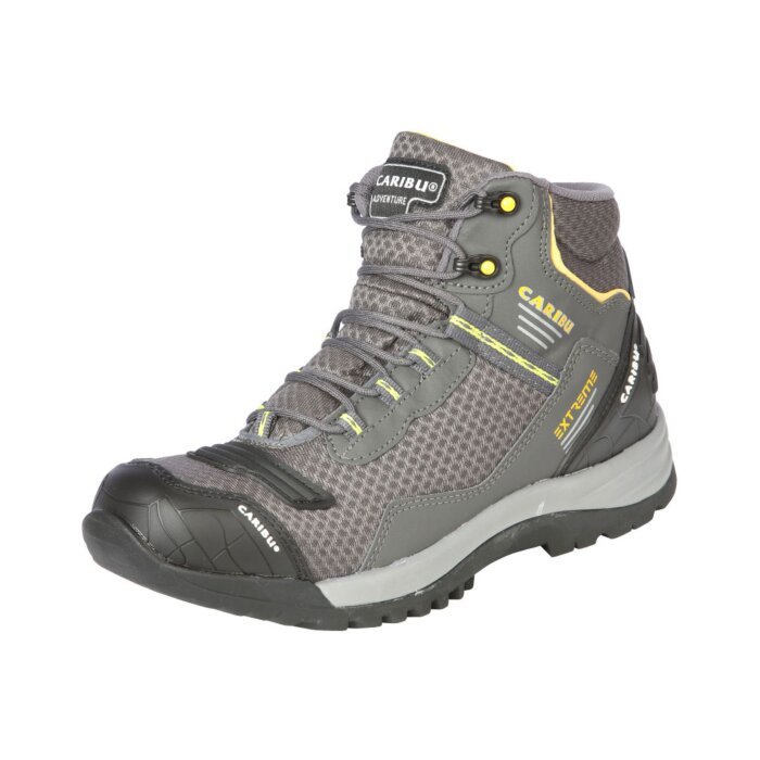 Men's gray and black work shoes by Caribu, featuring a textile/synthetic upper, durable rubber and phylon outsole, and modern design, model 44367.