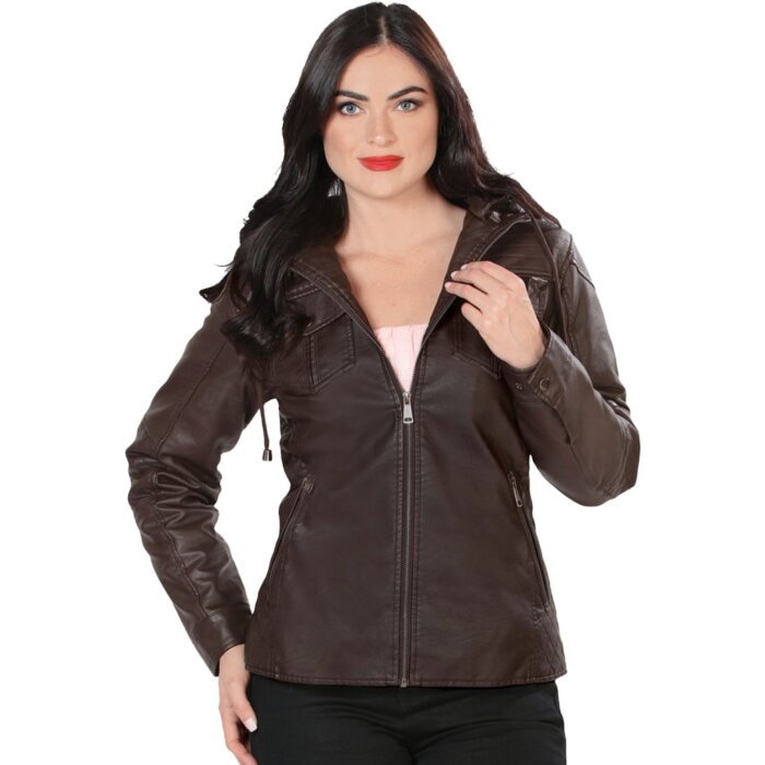 A woman wearing a Danesi 4040 brown faux leather jacket with a detachable hoodie.