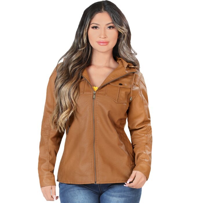 Woman wearing a Danesi 4040 Camel faux leather jacket, front view