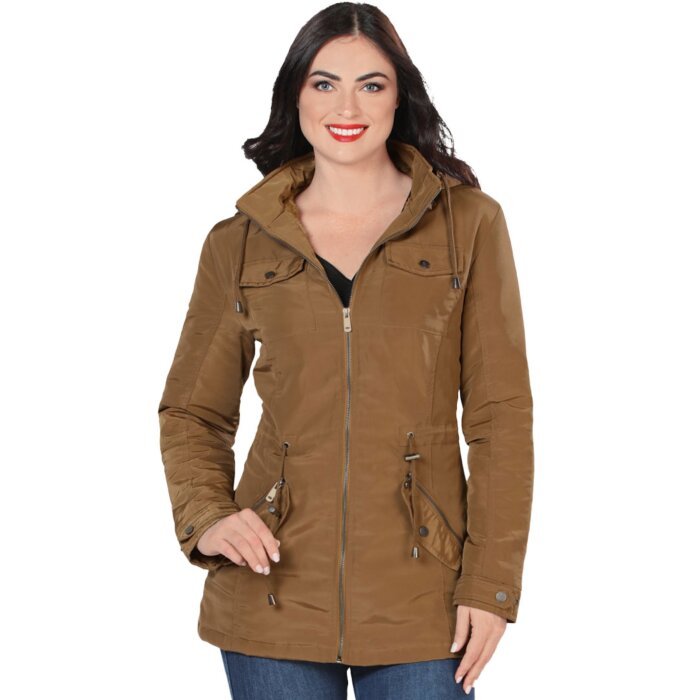 Front view of the Danesi 4044 Camel Women's Hooded Jacket featuring multiple pockets and a drawstring waist.
