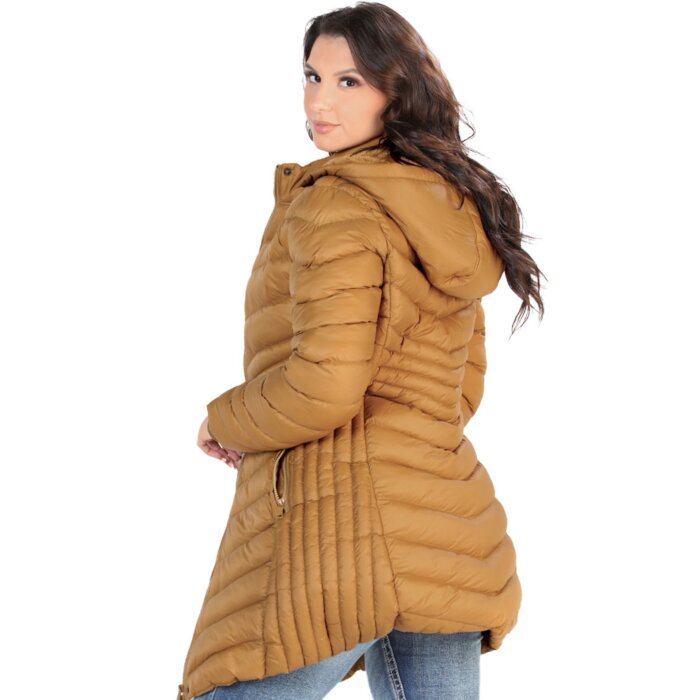 Back view of Danesi 4048 Camel long women's quilted jacket with hood.