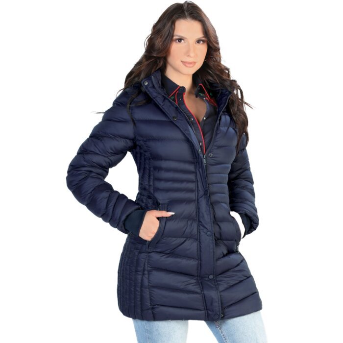 Woman modeling front view of Danesi 4048 Navy Puffer Coat, hands in pockets.