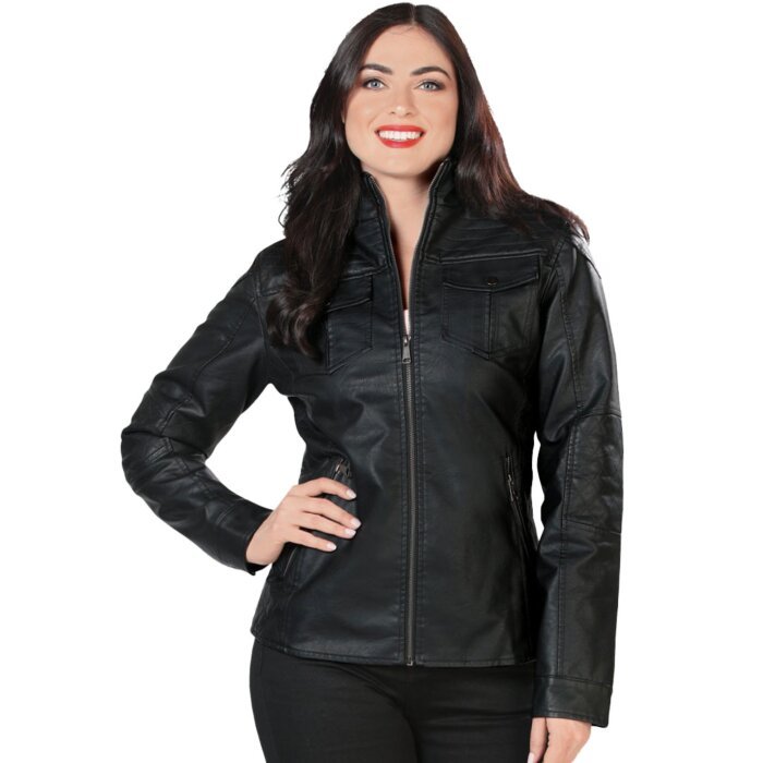 Front view of a woman in a black faux leather jacket with quilted details and a sleek fit.