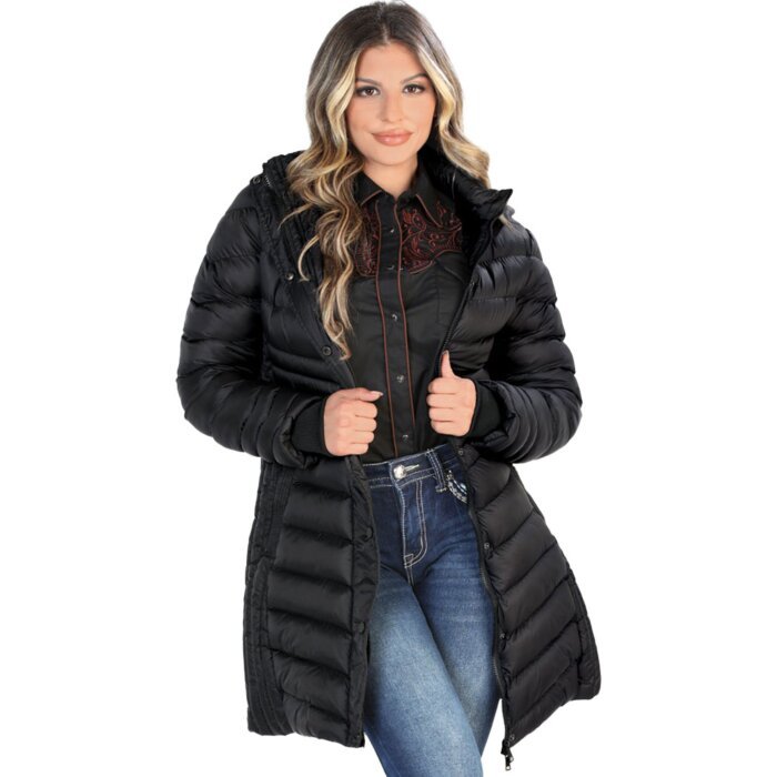 A model wearing the Danesi 4048 Black Puffer Coat with hood, front view.