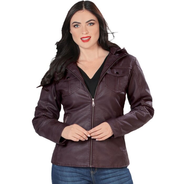 Front view of woman in Danesi 4040 Vino faux leather jacket, featuring a zip closure and classic pockets.