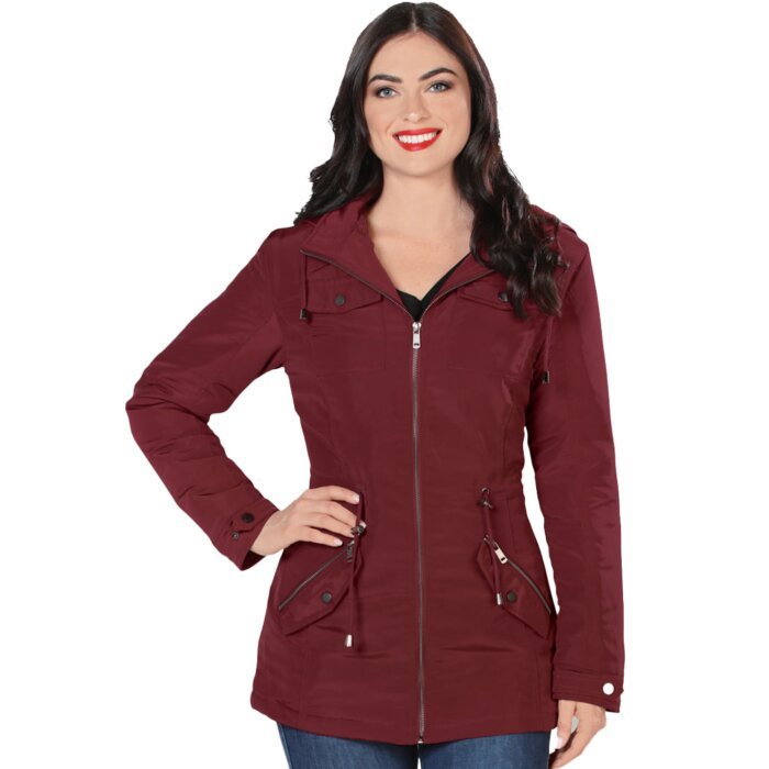Front view of a model wearing the Danesi 4044 Burgundy jacket, showing the full zipper and drawstring details