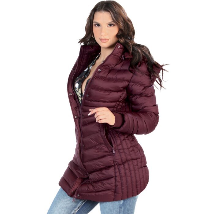 Image of a woman wearing the Danesi 4048 Burgundy Women's Quilted Jacket with Hood, showcasing the back and side profile of the jacket.