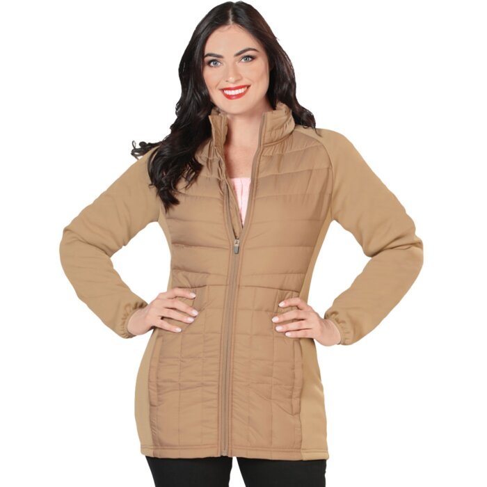 Front view of a woman wearing a beige quilted jacket