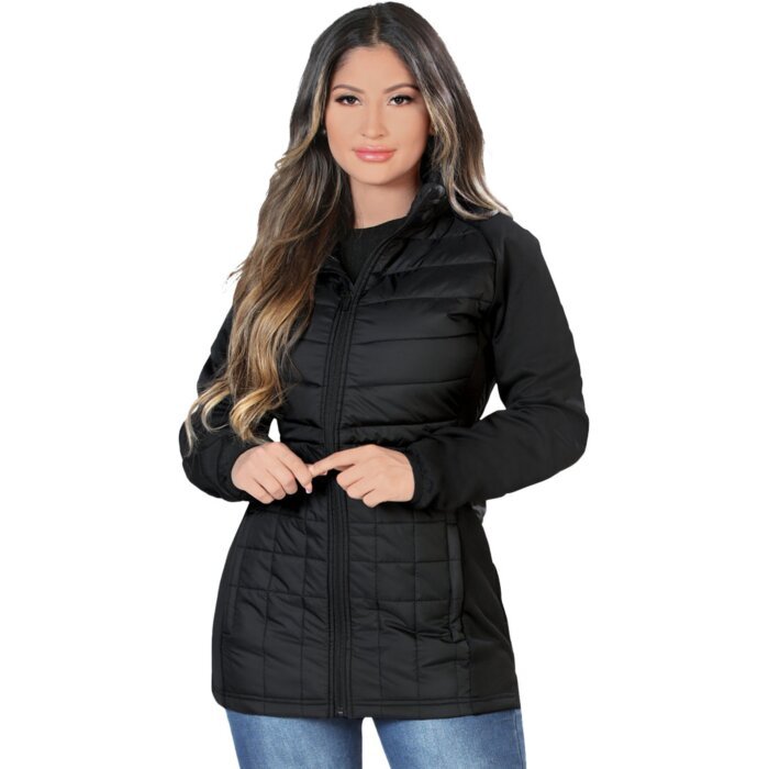 Front view of Danesi 4043 black quilted long coat with fitted waist.