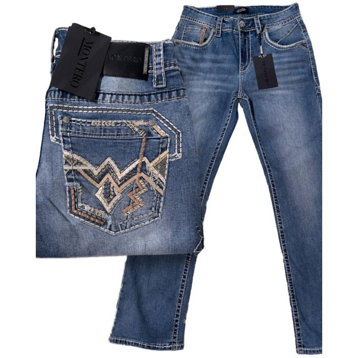 Men’s modern-fit light blue jeans with bold geometric embroidery on back pockets, Montero 4623.