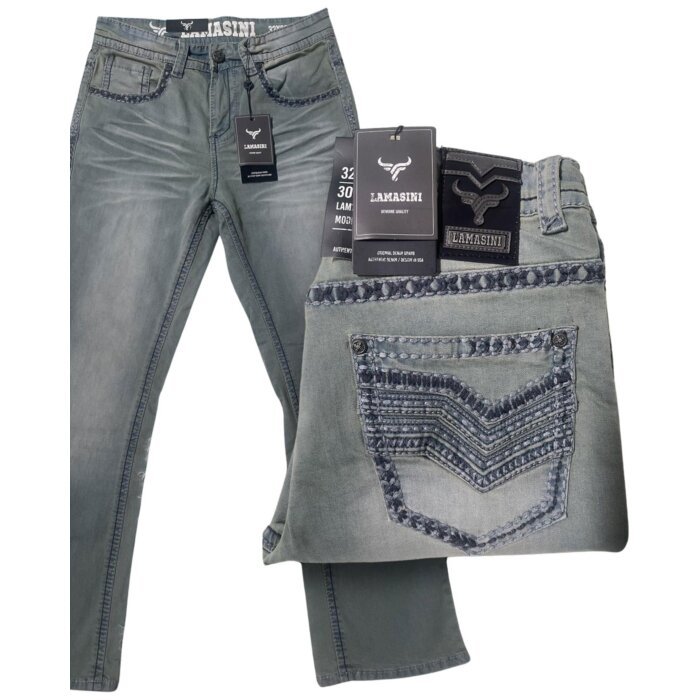 Men’s gray bootcut jeans with Western embroidery and contrast stitching – Lamasini 1870