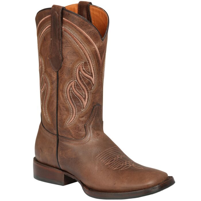Botas mexicanas para hombre en piel Alazán café con horma rodeo, suela de goma y forro de piel, modelo El General 44860.