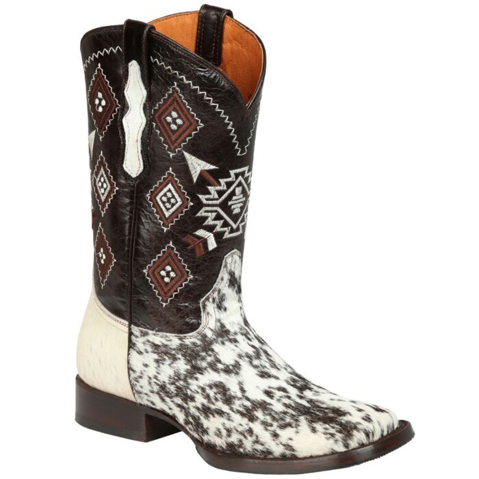 Men's Mexican cowboy boots in white and brown cow leather with hair, featuring a Rodeo toe, rubber outsole, and leather lining, model El General 44862.