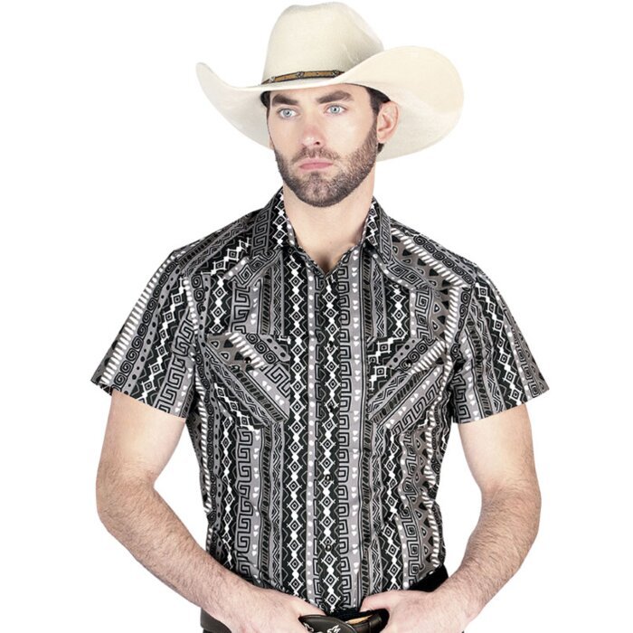 Man wearing a gray short-sleeve Western shirt with bold Aztec-inspired geometric patterns and snap-button closure, perfect for warm-weather cowboy style.
