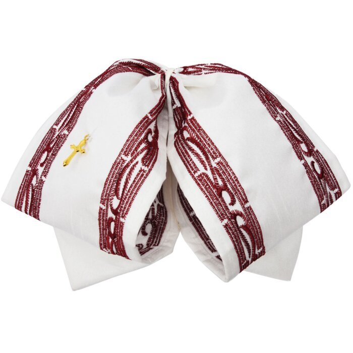 Moño Charro Blanco Con Bordado Vino Y Cruz Dorada WD 11-957