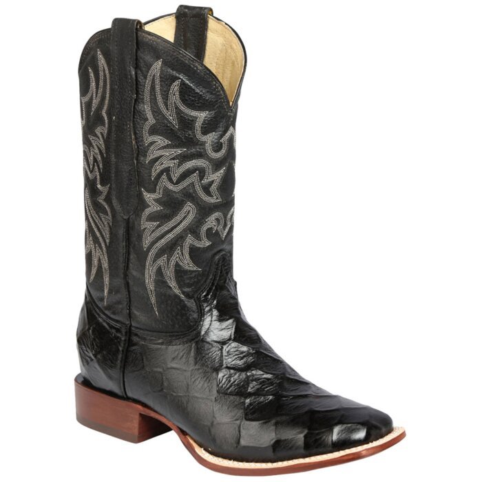 Perfil lateral de botas vaqueras para hombre en imitación Monster Fish negro con tubo bordado en negro, modelo ESDLC 44932.