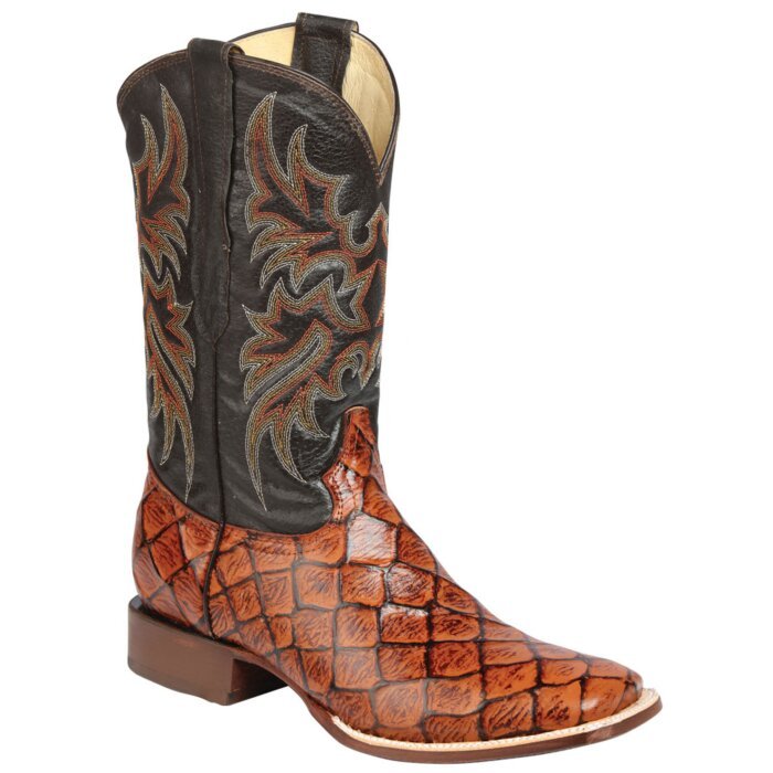 Perfil lateral de las botas vaqueras para hombre en imitación Monster Fish color cognac con tubo bordado en negro, modelo ESDLC 44933.