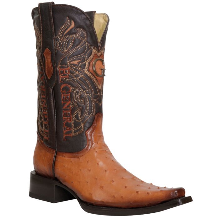El General 45077 ostrich leather cowboy boots in cognac with Versace toe.