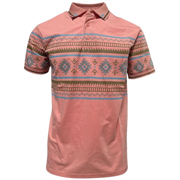 Lamasini 28219 men’s salmon polo shirt with earthy-tone Aztec print and contrast collar.