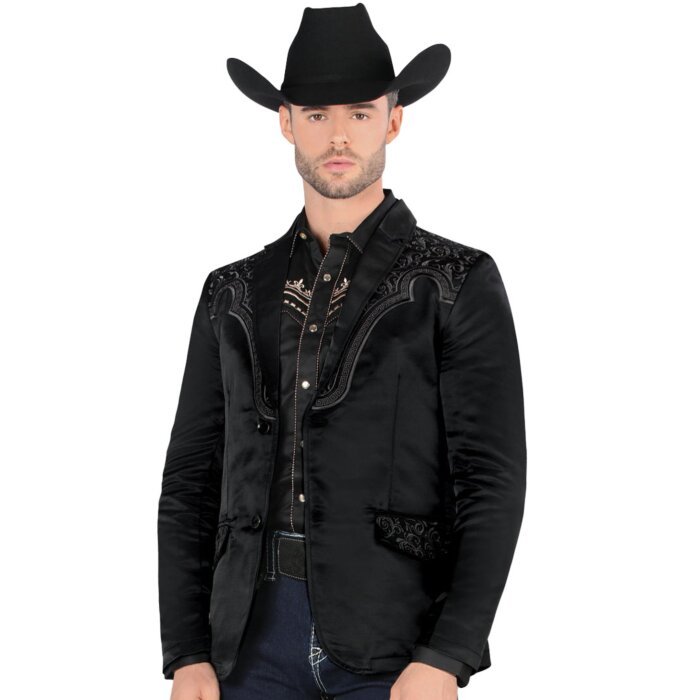 Front angled view of Montero 2179 Black Men's Embroidered Blazer