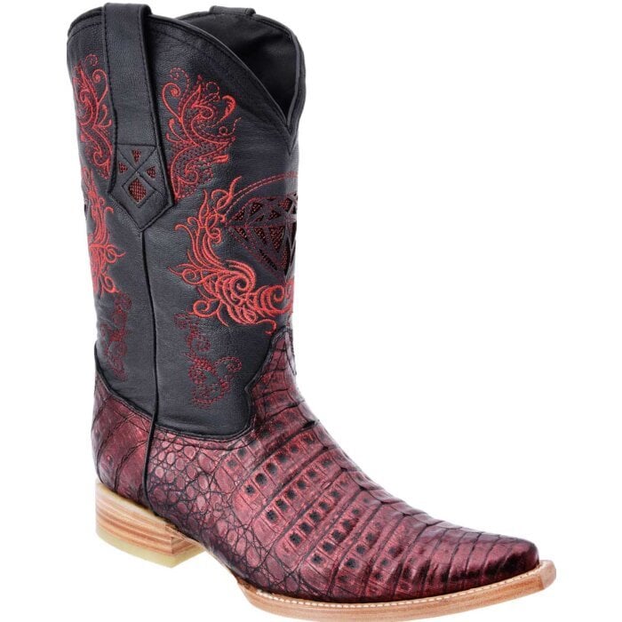 Men´s Western Coco Belly Leather Boots, Red and Black Color, White Diamonds Boots 095