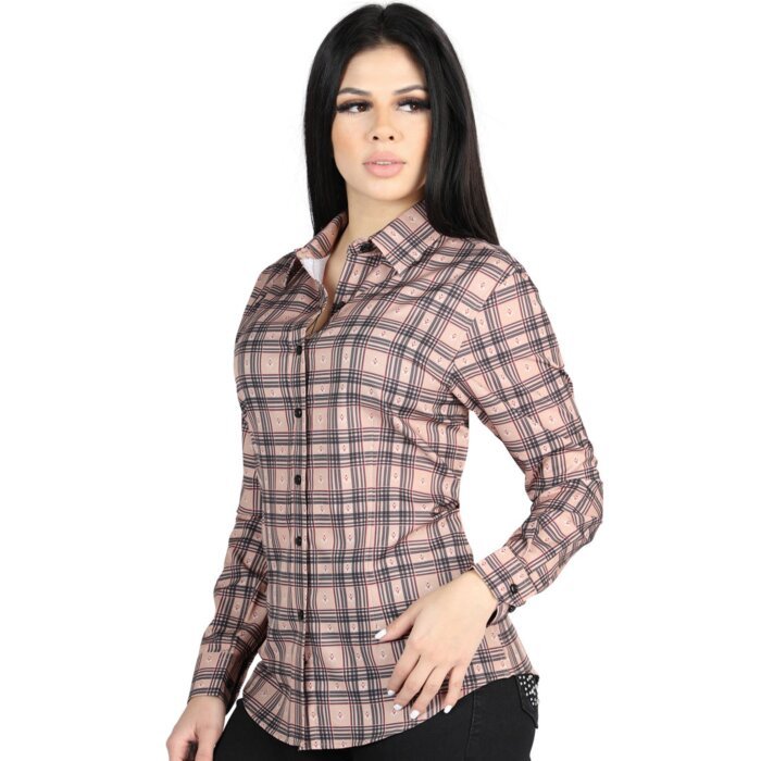 Women’s Western Shirt in Beige-Black Plaid, Long Sleeve Version – El General 44714