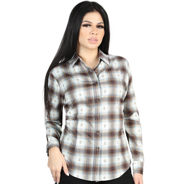 Women's Brown Plaid Western Shirt by El General 44717, Available in Long or Short Sleeve with Regular Buttons