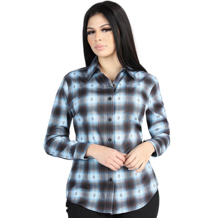 Women’s Cowgirl Shirt in Blue-Black Plaid by El General 44719, Available in Long or Short Sleeve