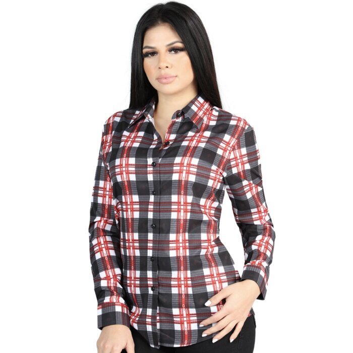 Women’s Western Shirt in White-Red Plaid, Long Sleeve Version – El General 44724