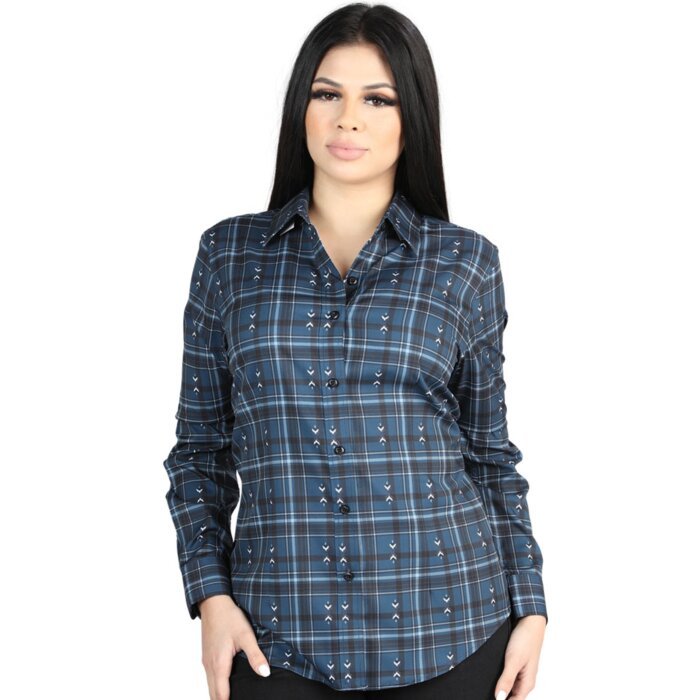 Women’s Western Shirt in Navy-White Plaid, Long Sleeve Version – El General 44723