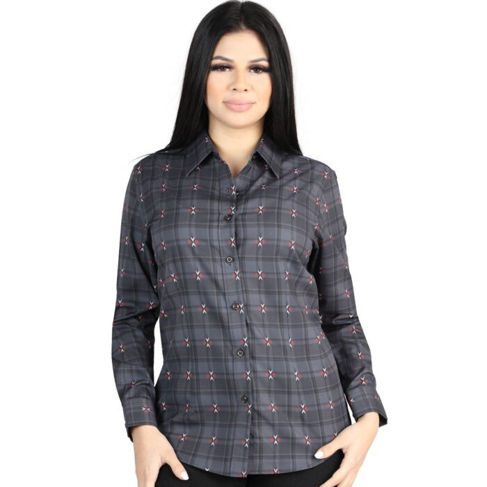 Women’s Western Shirt in Gray-Brown Plaid, Long Sleeve Version – El General 44725