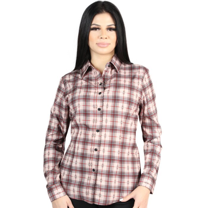 Women’s Western Shirt in Beige-Red Plaid, Long Sleeve Version – El General 44728
