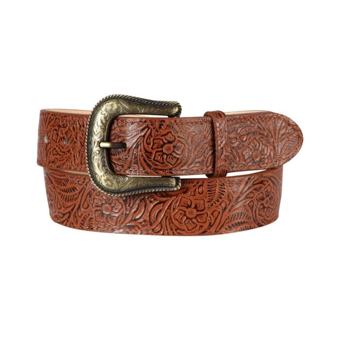 Cinturón Vaquero de Piel Cincelada para Mujer en Color Coñac con Diseño Floral y Hebilla en Tono Bronce, Hecho en México.