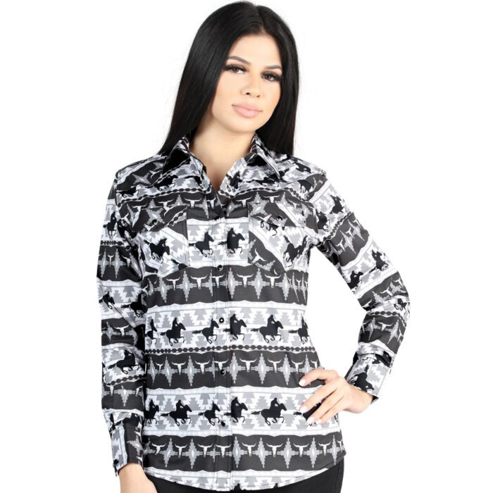 Women's Black and White Cowboy Print Long Sleeve Western Shirt – El General 44479