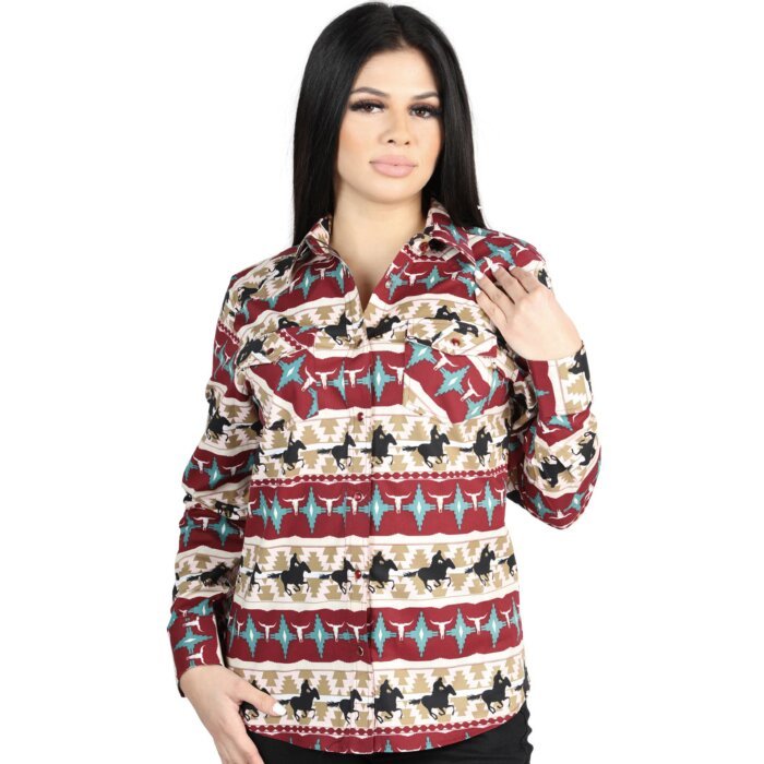 Women's Western Shirt with Cowboy Print in Red and Ivory – El General 44480