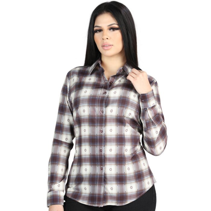 Women's Western Shirt in Beige and Burgundy Plaid, Long Sleeve Version – El General 44730