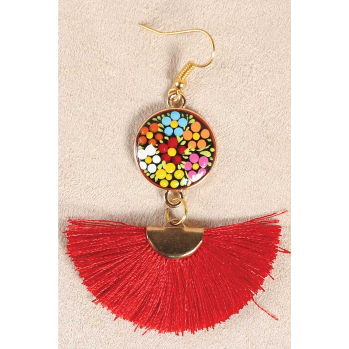 Aretes Artesanales Ruedita Hilo De Seda Rojo 602178