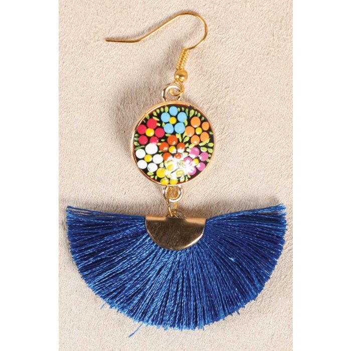 Aretes Artesanales Ruedita Hilo De Seda Azul Rey 602179