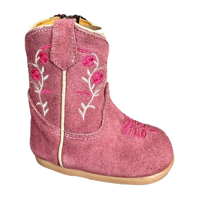 Botitas Vaqueras para Bebé en Piel Gamuza Rosa con Bordado Floral, Cierre Lateral, Plantilla de Piel Acolchada y Suela Sintética.