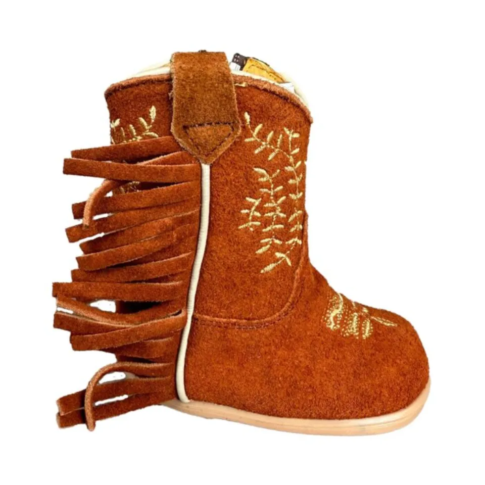 Rust Suede Leather Baby Western Boots with Golden Embroidery, Fringe Details, Lateral Zipper, Cushioned Leather Insole, and Synthetic Outsole.